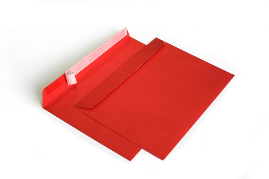 Конверт из цветной бумаги С4, 229х324 мм, силиконовая лента (красный, 100 шт)